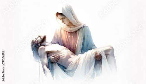 Jesus, taken down from the cross, is given to his mother Mary. Sixth Sorrow. Mary holding Jesus in her arms, isolated on white. Digital painting.