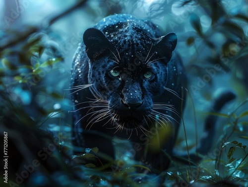 Black Panther prowling at dusk, jungle softly out of focus,