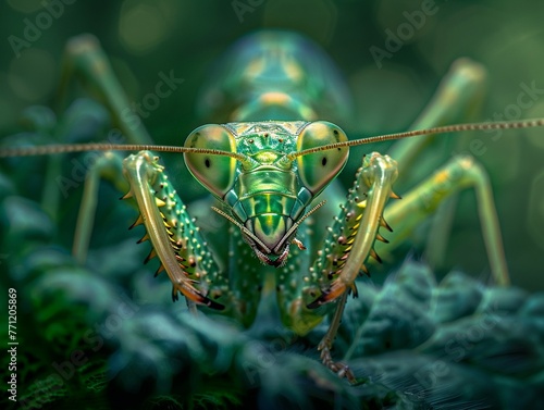 Green Guardian A detailed portrait of a praying mantis, showcasing the fine textures of its body and the intensity of its focus, amidst the greenery of its natural habitat , high-resolution photo