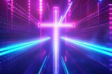 abstract neon cross background with blue and purple rays of light