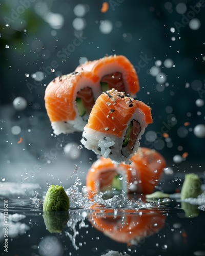 Floating sushi rolls with wasabi and ginger, 3D illustrate style