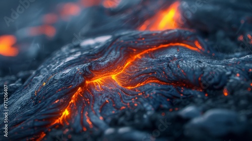 Glowing lava on a blurred volcanic landscape, raw power