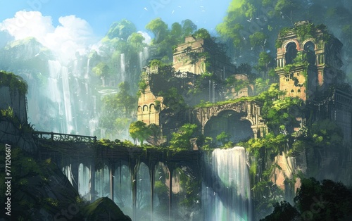concept art of an ancient temple entrance in the jungle, with waterfalls and lush greenery surrounding it  fantasy adventurers walking through an open gate to another world © akimtan