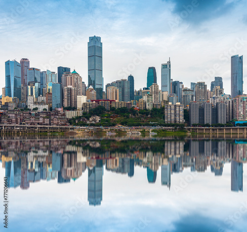 The city center of Chongqing  China is densely populated with high-rise buildings  which are very developed