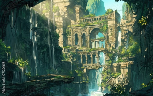 concept art of an ancient temple entrance in the jungle  with waterfalls and lush greenery surrounding it  fantasy adventurers walking through an open gate to another world