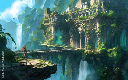 concept art of an ancient temple entrance in the jungle  with waterfalls and lush greenery surrounding it  fantasy adventurers walking through an open gate to another world