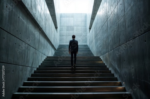 Back view of a businessman walking up the stairs in an office building