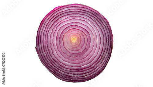 Red onion slices isolated on white and transparent background. Top view. Flat lay. Red onion slice in air, without shadow.