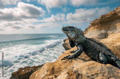 A sea iguana basking in the sun on La Jolla Beach, San Diego, California, with rugged cliffs and waves crashing against them in the background