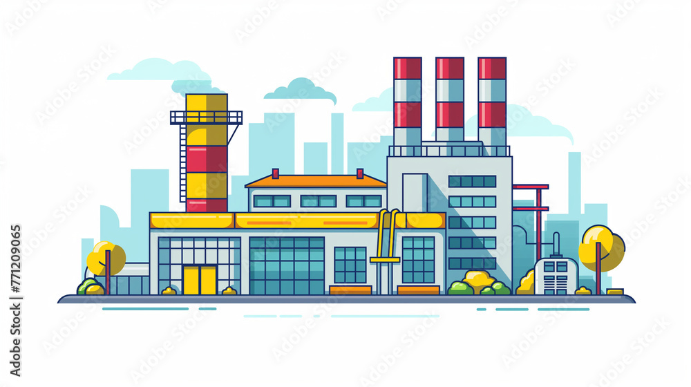Industrial factory in flat style a vector an illustration.Plant or Factory Building.road tree window facade.Manufacturing factory building. industrial building concept.Eco style factory.City landscape