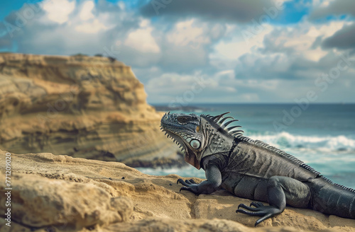 A sea iguana basking in the sun on La Jolla Beach, San Diego, California, with rugged cliffs and waves crashing against them in the background © Kien