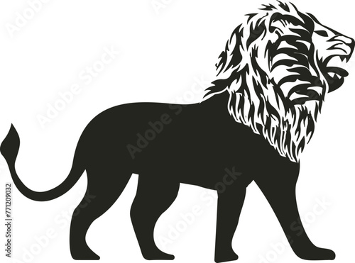 A fierce lion vector, mane flowing, poised to strike, exuding regal power with every pixel. Its eyes glint with intensity, commanding attention amidst the wilderness, a symbol of strength and majesty.