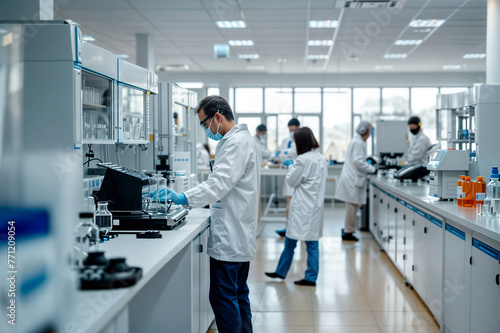 The research and development department of a pharmaceutical company, with advanced research equipment and busy scientistssts