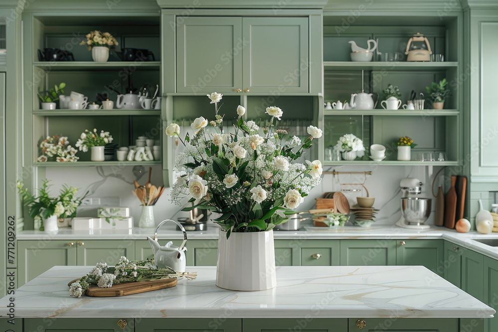 A classic kitchen with green cabinets and white marble countertop, adorned with fresh flowers in vases on the island table.