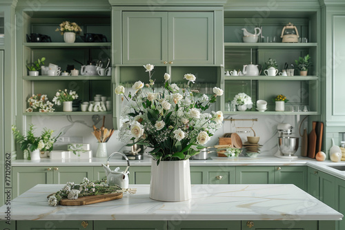 A classic kitchen with green cabinets and white marble countertop, adorned with fresh flowers in vases on the island table. #771209262