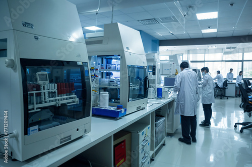 The research and development department of a pharmaceutical company, with advanced research equipment and busy scientists