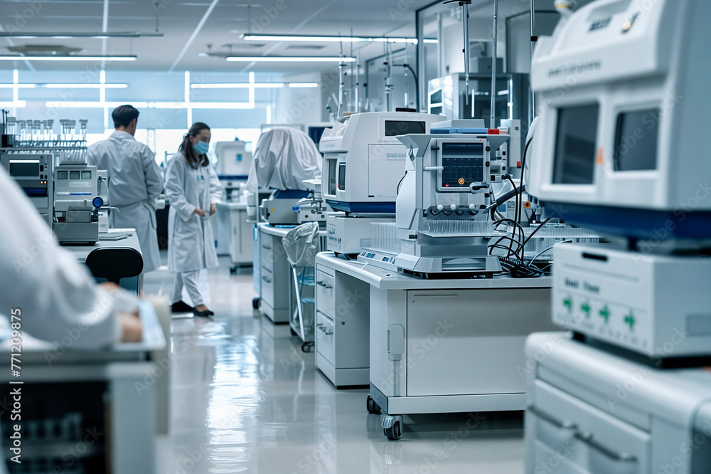 The research and development department of a pharmaceutical company, with advanced research equipment and busy scientists The research and development department of a pharmaceutical company, with advanced research equipment and busy scientists
