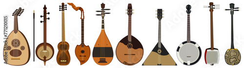 Set vector collections guitar traditional. Oud, Kamancheh, Tar, Isarn Acoustic Electric Phin, Biwa, Domra, Balalaika, Banjo, Shamisen, Sanshin music instrument design illustration