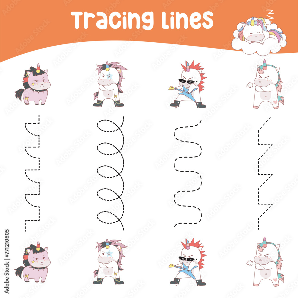 Tracing vertical lines activity for children. Tracing worksheet for kids, practising the motoric skills. Dotted Lines. 
