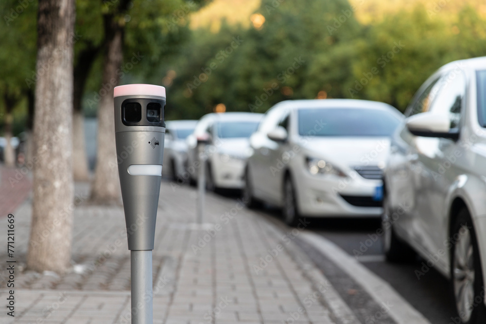 Modern intelligent parking timing and toll collection equipment, with cars parked on the roadside automatically sensing timing and toll collection Modern intelligent parking timing and toll collection equipment, with cars parked on the roadside automatically sensing timing and toll collection