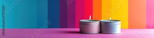 the essence of sophistication as a soy candle graces a metal tin against a backdrop of vivid, solid color. An image that transcends trends and captivates the soul. photo