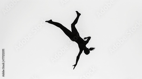 The captivating silhouette of a gymnast soaring through the air, performing a flawless somersault against a backdrop of pure white.