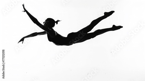 The captivating silhouette of a gymnast soaring through the air, performing a flawless somersault against a backdrop of pure white.