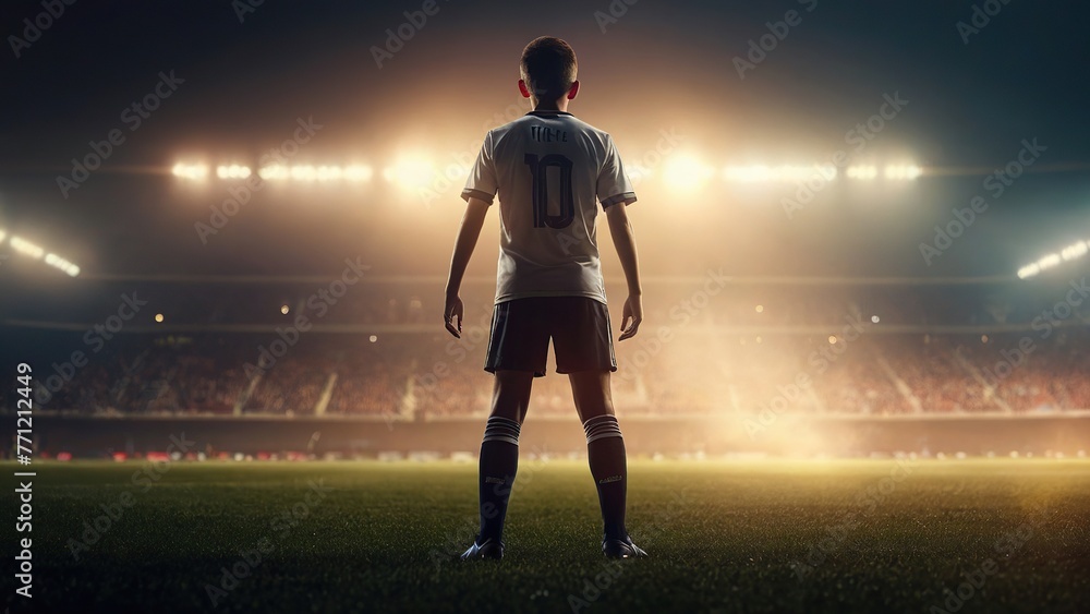Fototapeta premium Spectacular Stadium Moment: Young Soccer Player Prepares on Field, Back to Camera, Spotlight Ready for Kickoff