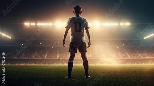 Spectacular Stadium Moment: Young Soccer Player Prepares on Field, Back to Camera, Spotlight Ready for Kickoff