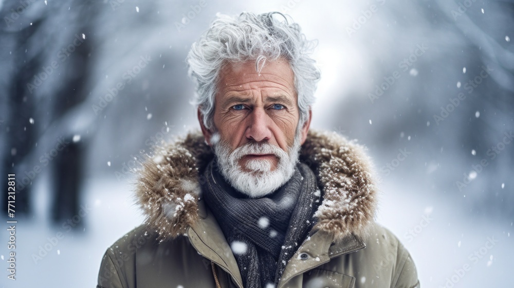 A man with a beard and gray hair is wearing a fur coat and scarf A man with a beard and gray hair is wearing a fur coat and scarf