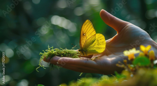 A hand with moss on it reaches out to touch the wing of a yellow butterfly flying