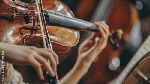 With the backdrop of sheet music, a close-up captures the deft hands of a musician expertly maneuvering the violin.