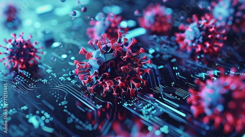 3D illustration of a digital analysis interface showing a magnified virus particle amidst data analytics.