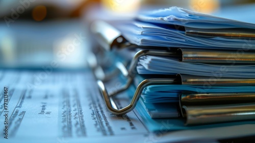 Close-up of a stack of paperwork and documents organized in folders, indicative of office work and administrative tasks. photo