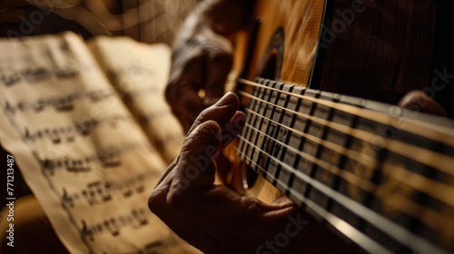A blurred music sheet in the background accentuates the focused strumming of a guitarist's hand, epitomizing the essence of musical devotion. photo