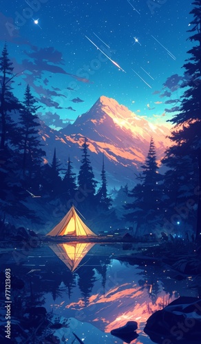 Illustration style Night tent camping © wu jx
