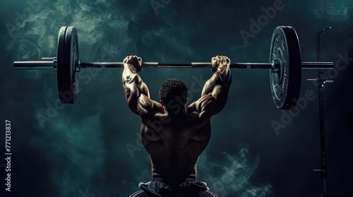 A weightlifter lifting a heavy barbell overhead, muscles straining with effort, in a display of strength.