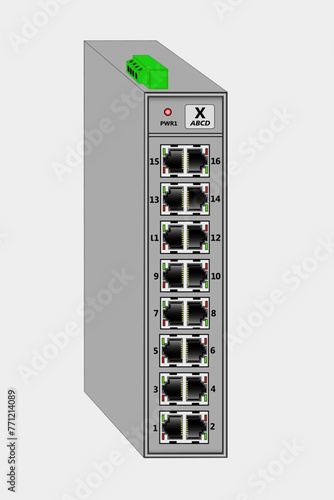 Industrial unmanaged switch layer 2 for DIN rail mounting. Contains 16 RJ-45 Ethernet ports. At the top is the power connector. 3d vector illustration.