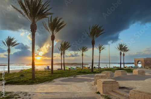Hof Dor beach at sunset in Israel
