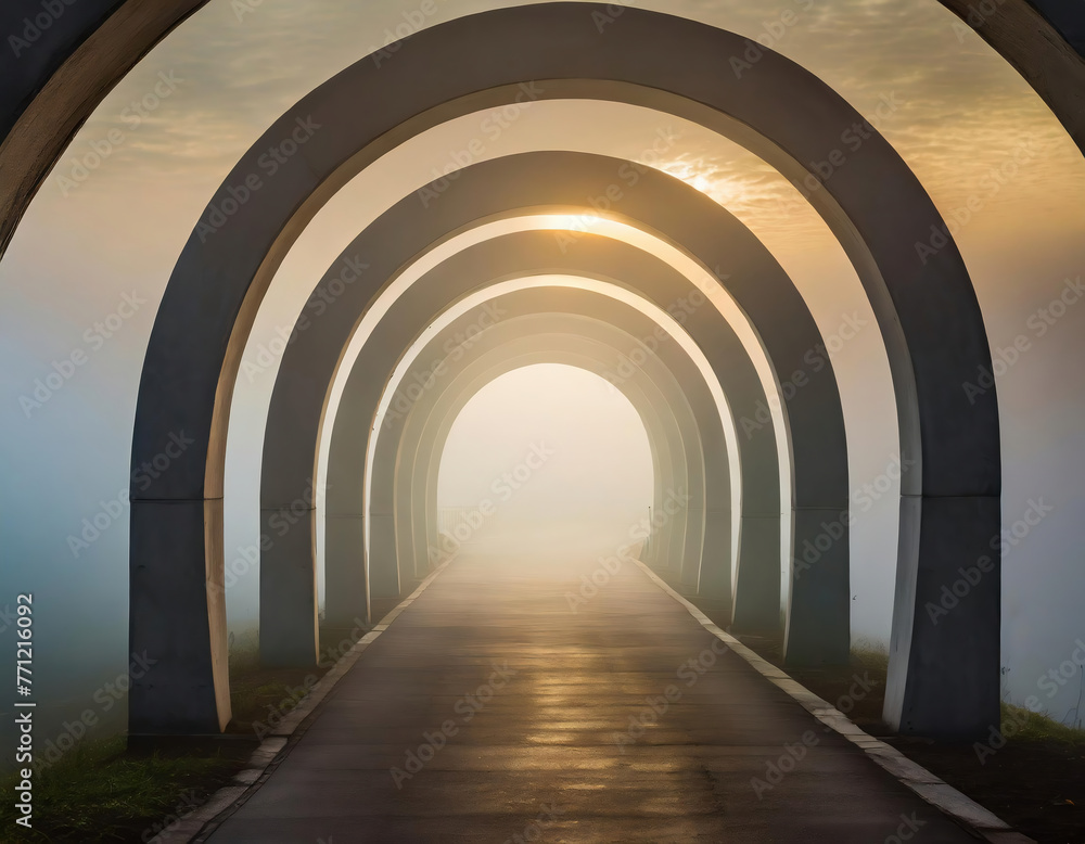 Sunrise in a tunnel with a fog on the surface of the road