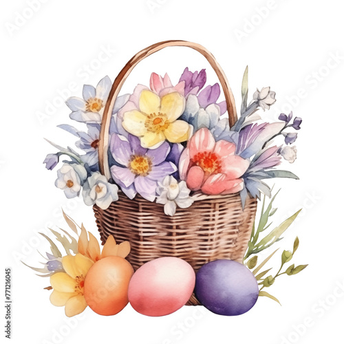 Easter eggs in basket with flowers. Watercolor illustration. Isolated on transparent background.