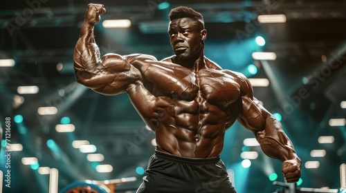 A bodybuilder posing on stage, muscles flexed and defined, in a classic bodybuilding pose.