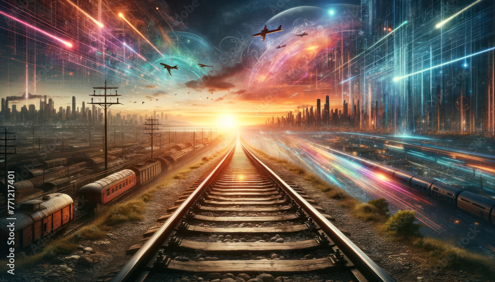 Sci-fi sunrise with urban trains and digital sky effects. Future city concept with copy space for design and print. Dynamic landscape with vibrant colors and aerial perspective.