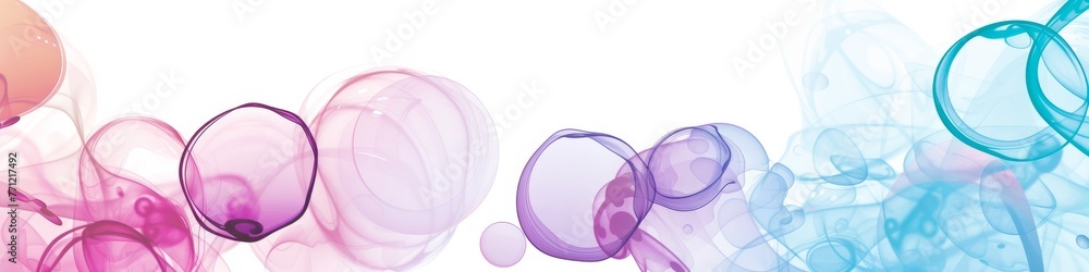Fototapeta premium Colorful translucent spheres and shapes on gradient background. Soft, pastel-colored spheres with varying opacity overlap on a smooth blue to pink gradient backdrop, creating a dreamy, ethereal vibe