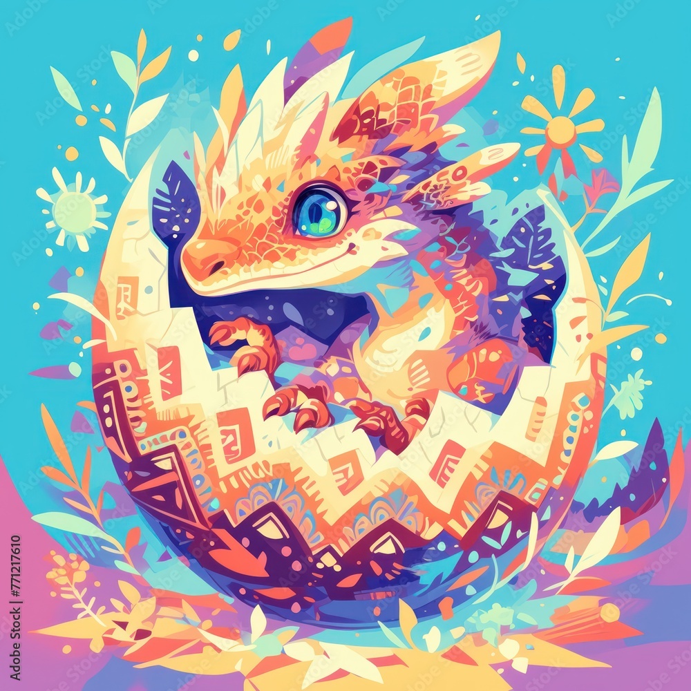 Whimsical dragonling breaking from an ornate egg with floral elements on a bright background. Illustration for fantasy theme design and children's book illustration. Whimsical dragonling breaking from an ornate egg with floral elements on a bright background. Illustration for fantasy theme design and children's book illustration.