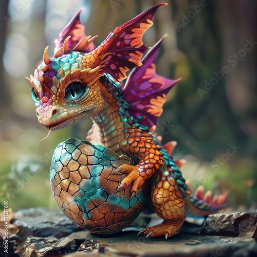 Fantasy dragon with an egg on a natural backdrop. Digital art creature in a forest setting for design and print. Enchantment and mythology concept