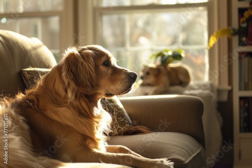 Golden retriever lounging in a sunny living room with a second dog in the background. Warm home atmosphere, suitable for family and pet lifestyle themes.