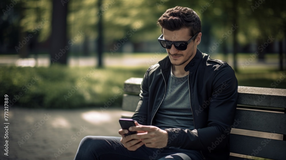 A man is sitting on a bench and looking at his cell phone A man is sitting on a bench and looking at his cell phone