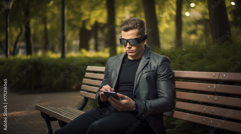 Fototapeta premium A man in a black suit is sitting on a bench and looking at a tablet