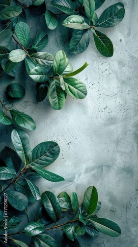 Fresh green leaves on textured gray background. Flat lay composition for design and print with copy space. Nature and botany concept.